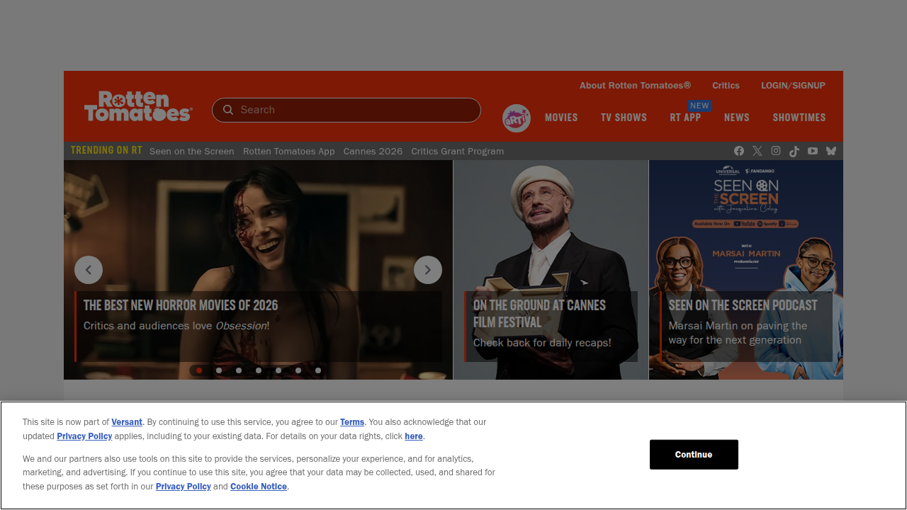 The homepage of Rotten Tomatoes, a popular film and TV review aggregation website, known for its Tomatometer scores.