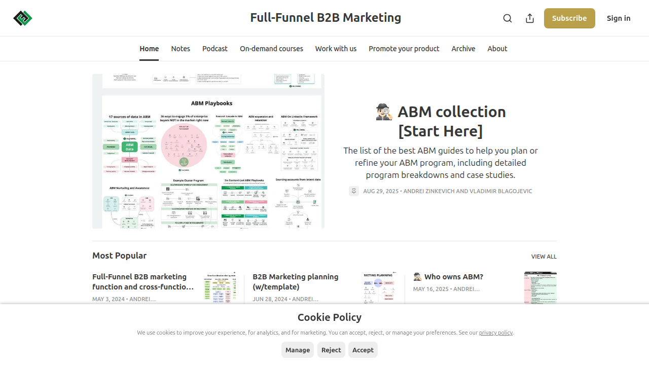 The homepage of FullFunnel's Substack, which published the 2026 B2B content playbook suggesting creative video needs to be funny and empathetic.