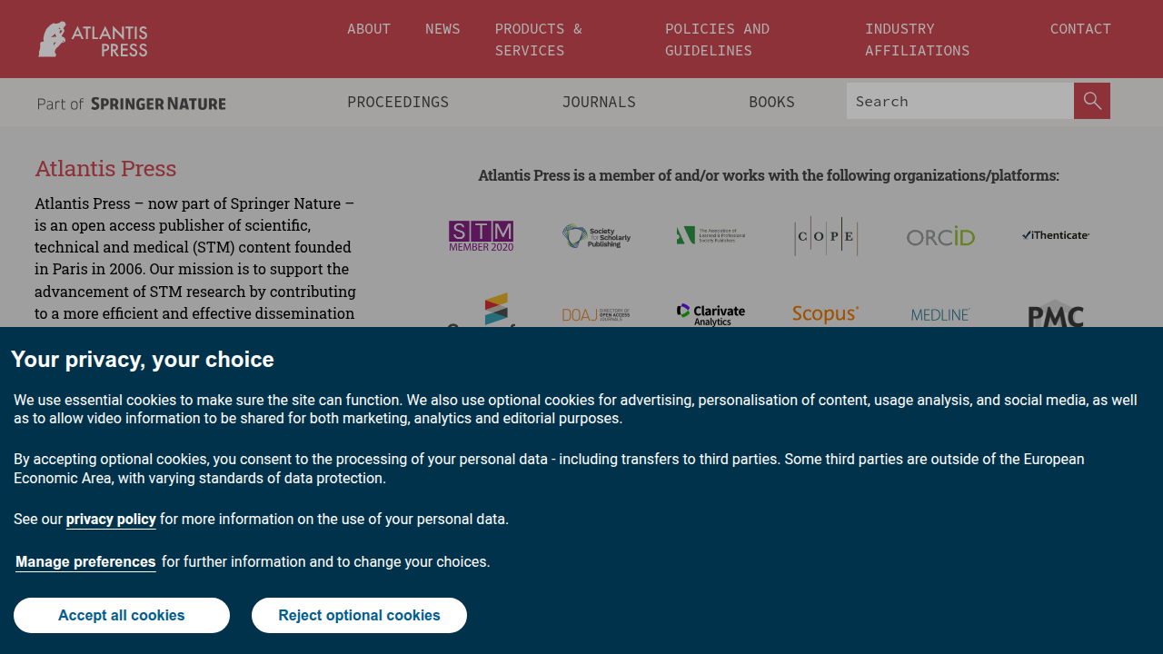 The homepage of Atlantis Press, a publisher of scientific and technical papers, including research on transgressions in absurd comedy.