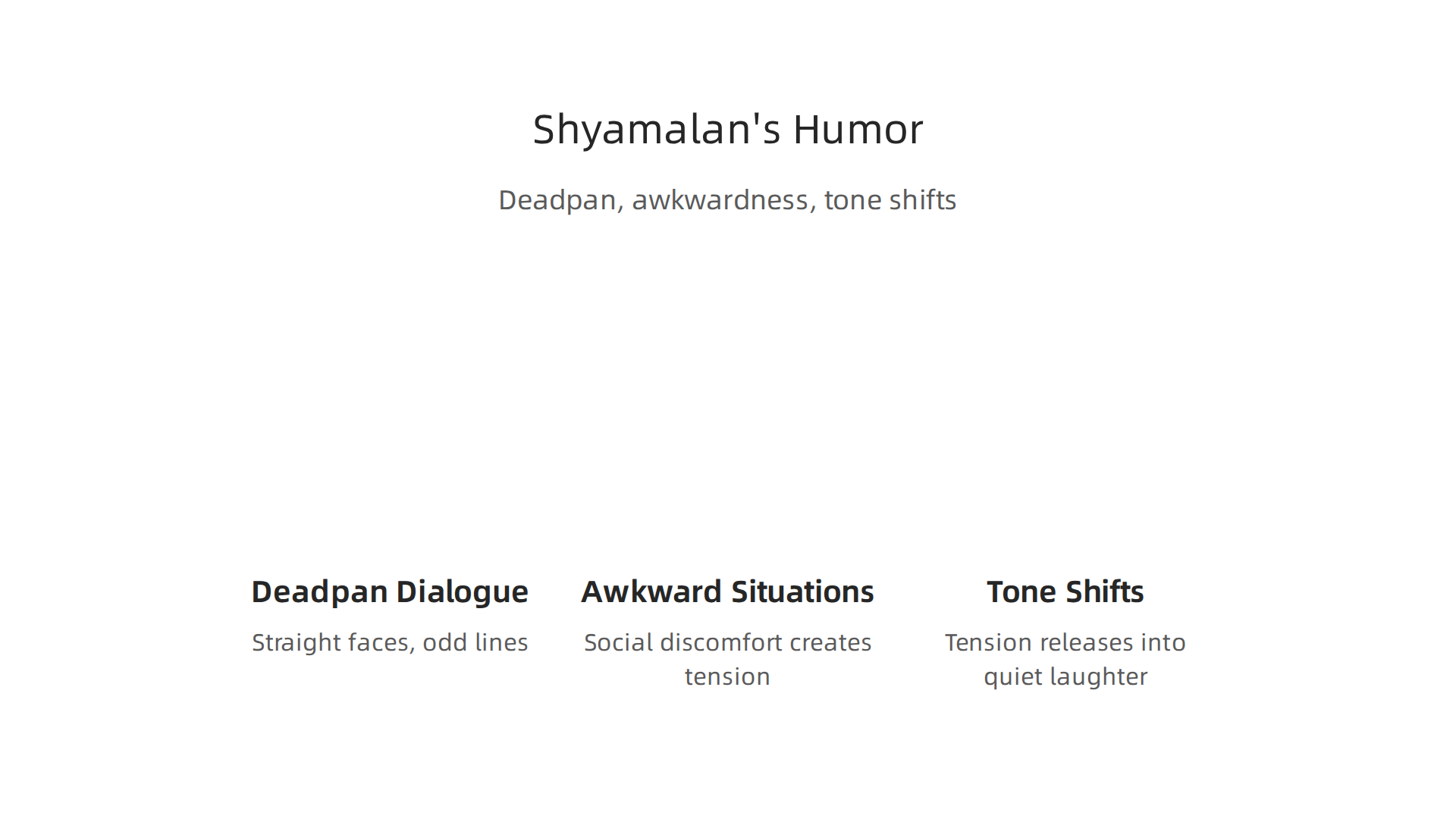 An infographic illustrating M. Night Shyamalan's signature blend of humor through deadpan dialogue, awkward situations, and unexpected tone shifts.
