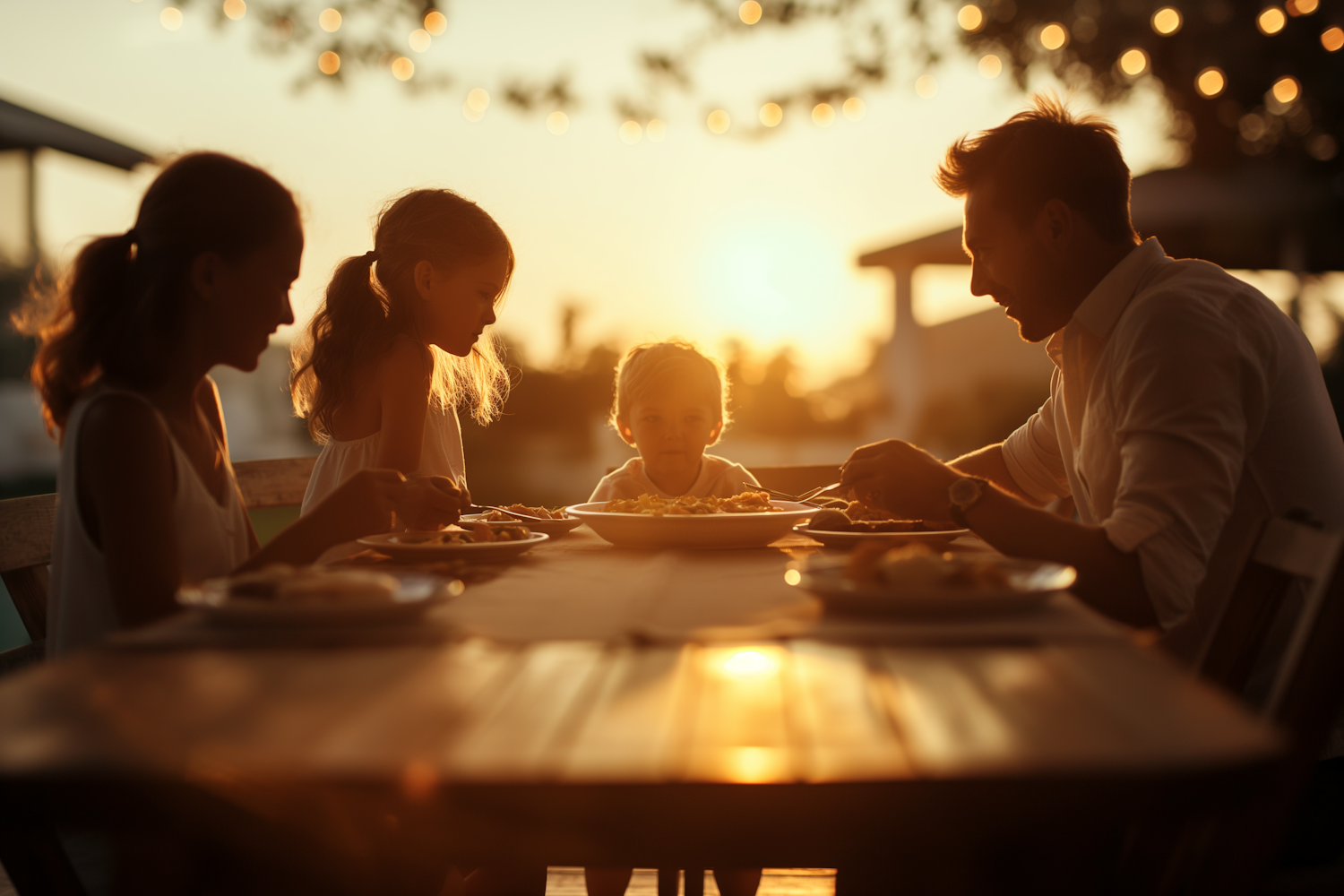 A family sits in awkward silence during dinner, illustrating a common Shyamalan technique for unexpected humor.