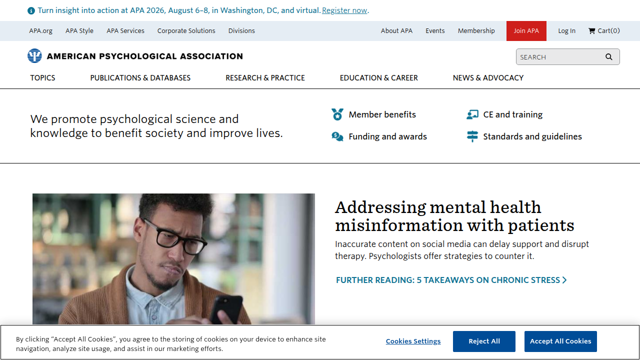The homepage of the American Psychological Association (APA), a trusted source for psychological research.