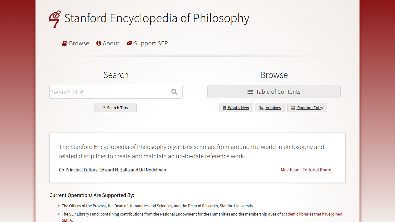 Screenshot of the Stanford Encyclopedia of Philosophy homepage, a reputable academic resource for concepts like humor.
