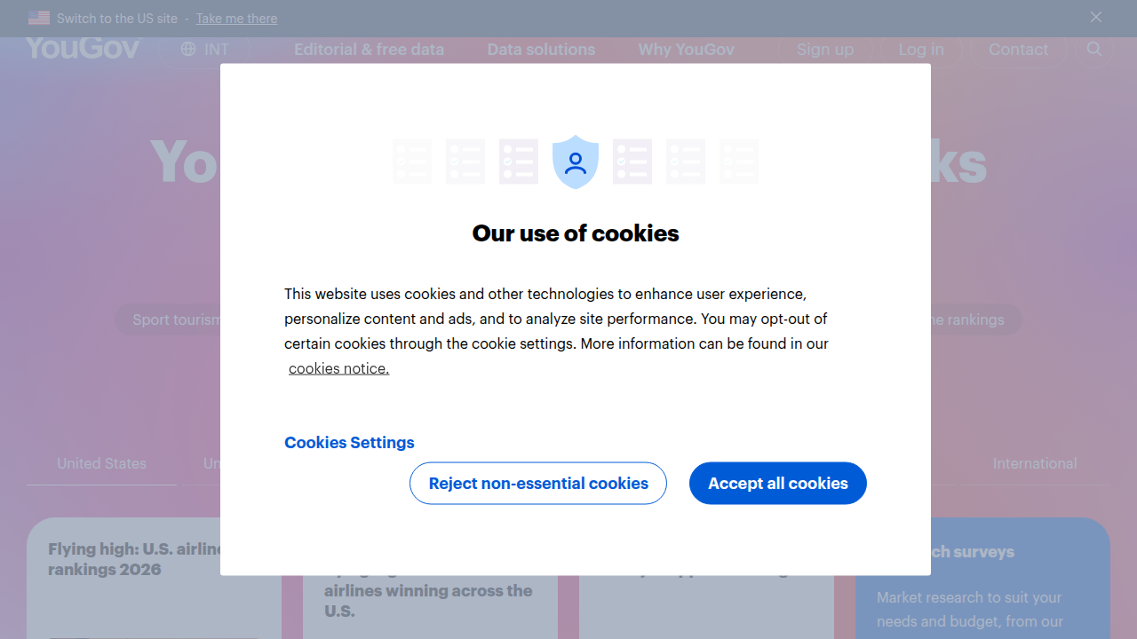 Screenshot of the YouGov homepage, a platform known for public opinion and market research, providing behavioral data.