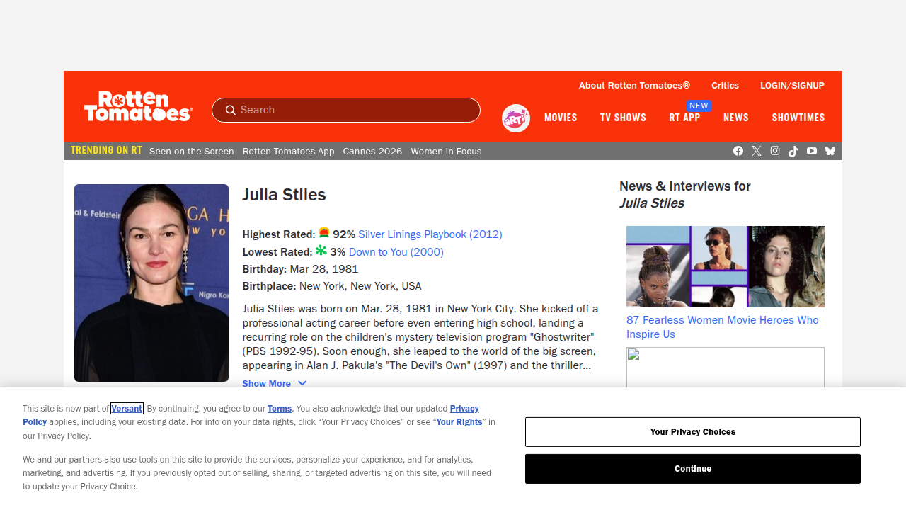 A screenshot of Julia Stiles' filmography on Rotten Tomatoes, showcasing her diverse roles from film to television across different genres.