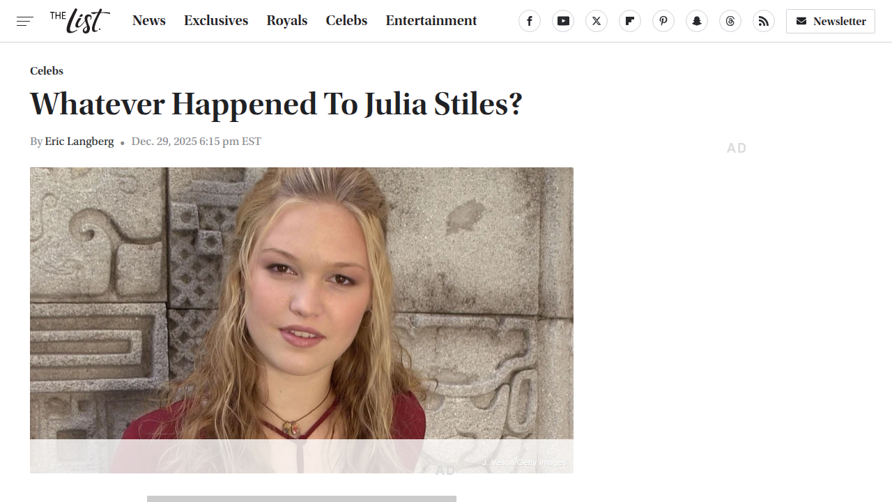 A screenshot of a career overview article for Julia Stiles from TheList.com, detailing her journey in Hollywood.