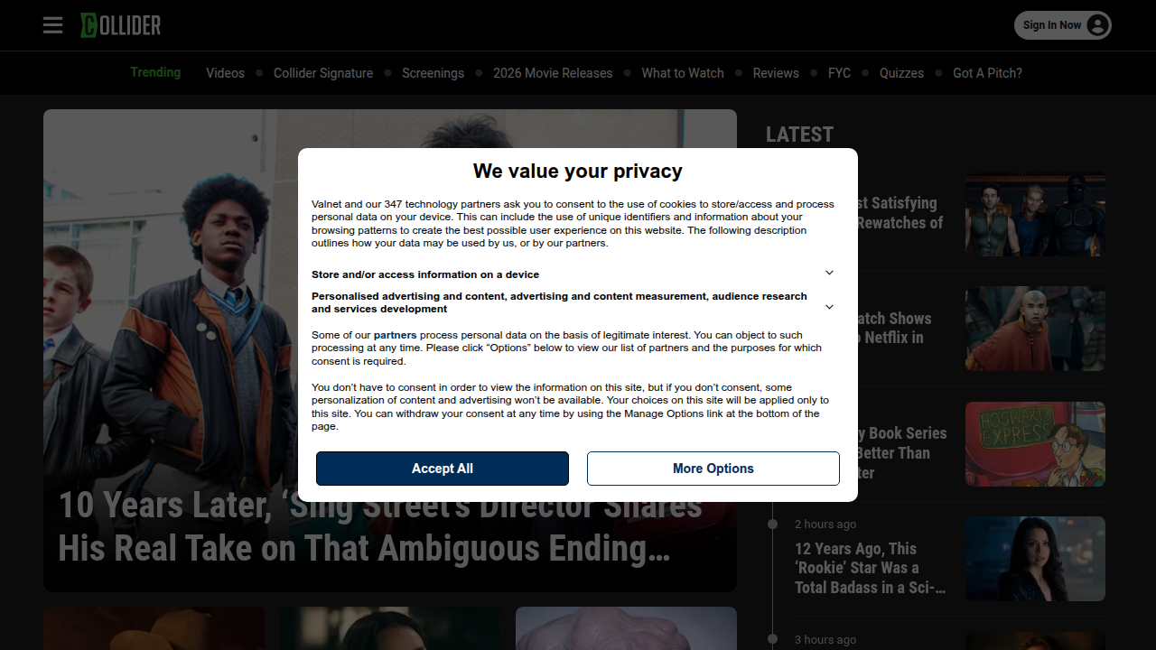 A screenshot of the Collider homepage, a prominent entertainment news site that has published articles on Lindsay Lohan's performances.