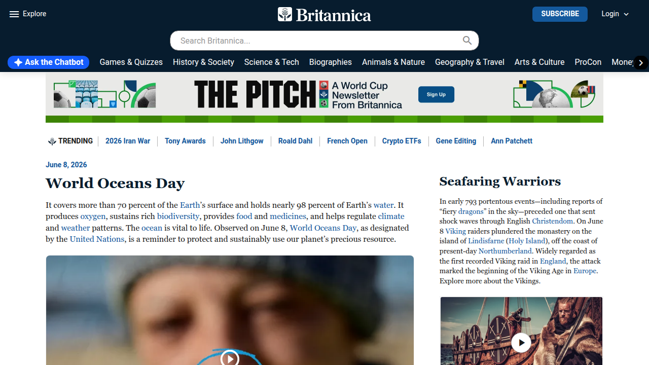 A screenshot of the Encyclopedia Britannica homepage, a reputable source for biographies and facts.