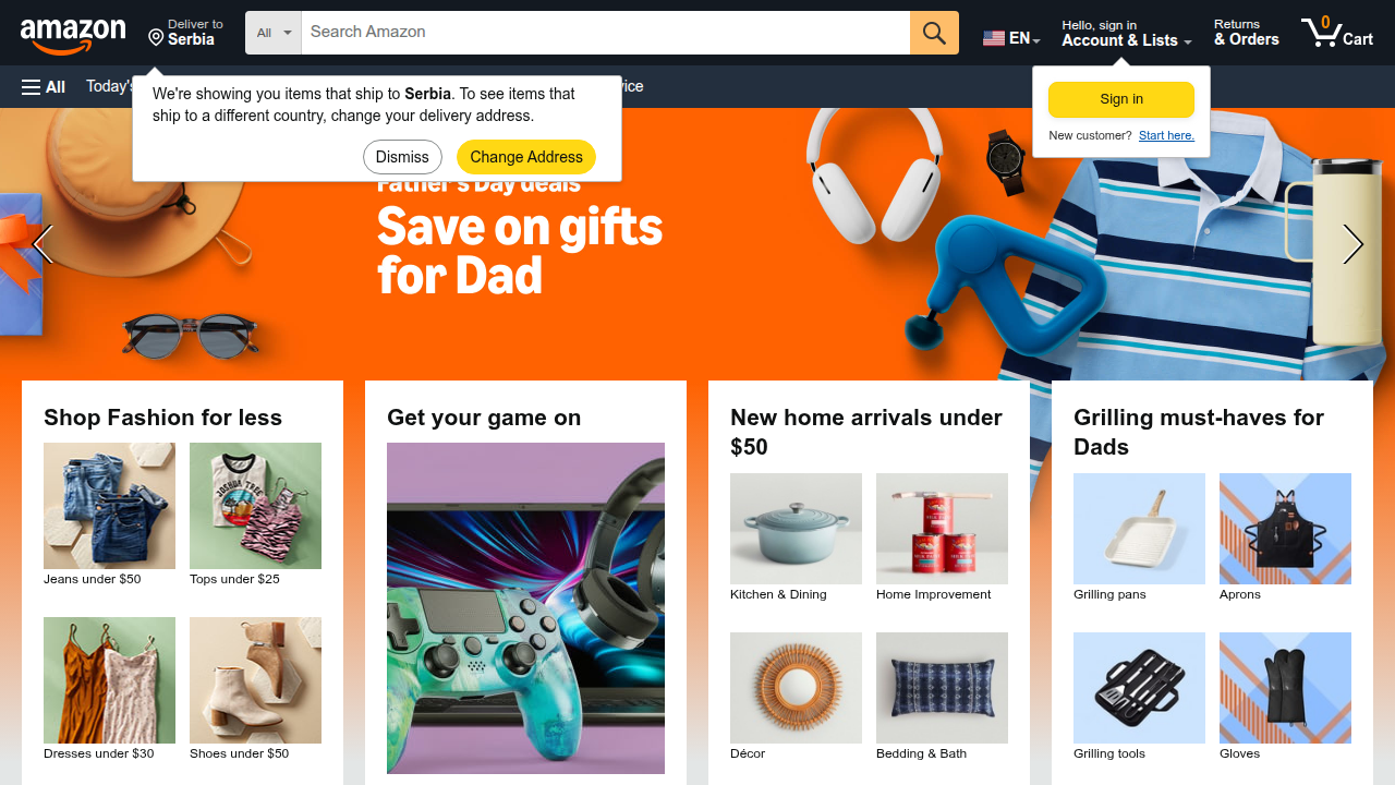 A screenshot of the Amazon homepage, a global e-commerce platform.