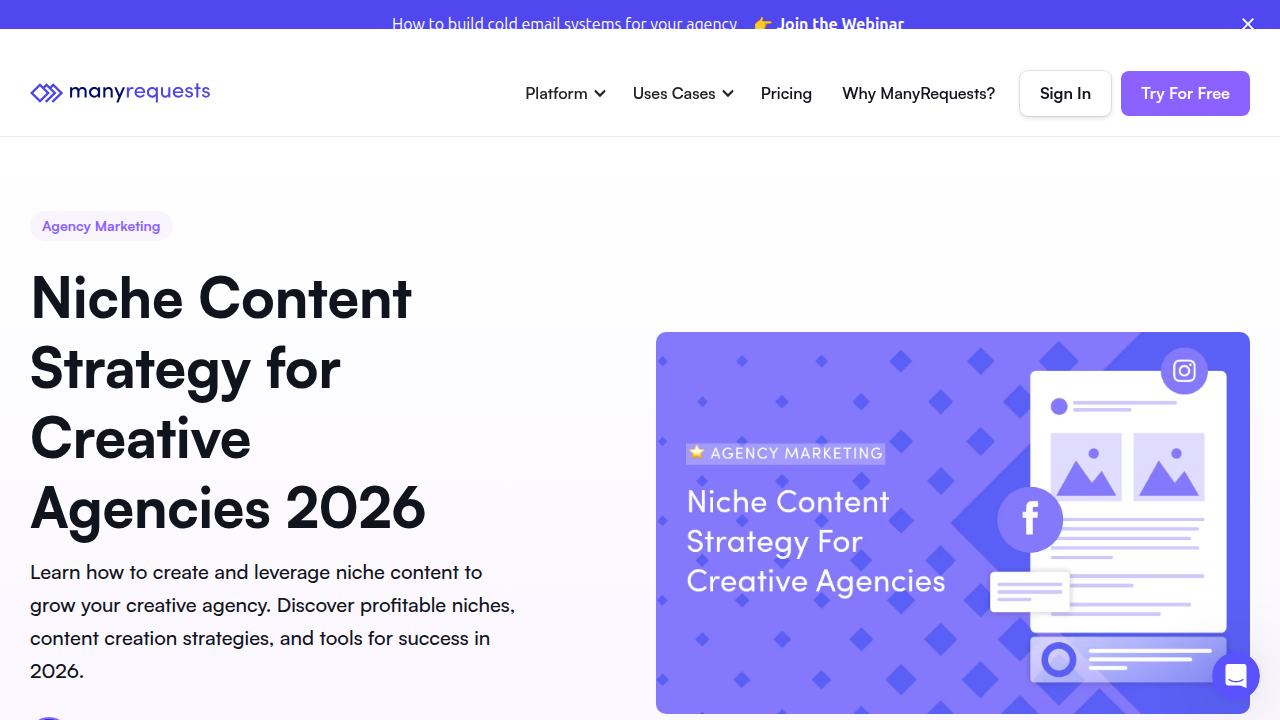 A page on ManyRequests blog discussing niche content strategy for creative agencies in 2026.