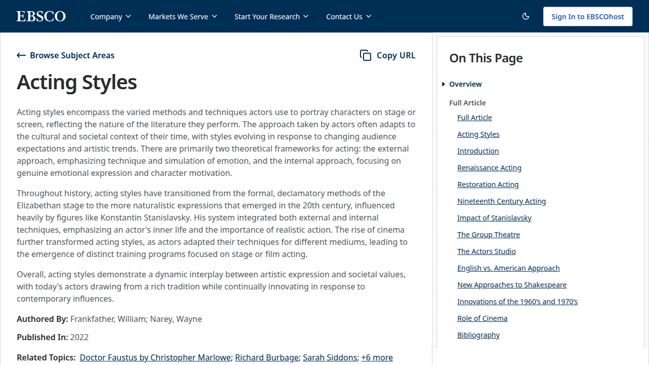 EBSCO Research Starters page exploring various acting styles in arts and entertainment.